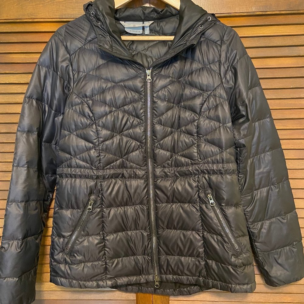 ATHLETA black hooded quilted goose down filled packable jacket